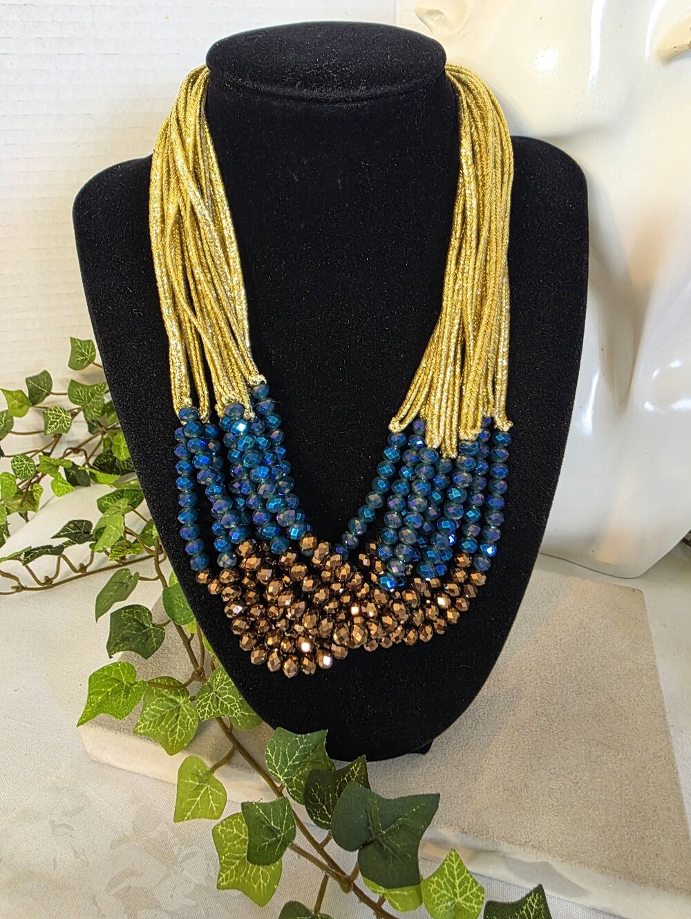 Multi Strand Gold Cord Statement Necklace Iridescent Blue Bronze Beads